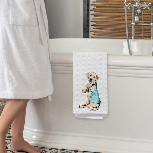 Funny Labrador Kitchen Towels, Yellow Labrador Retriever Gifts Dish Tea Towels for Kitchen, I Love Mom Tattooed Lab Dog Decorative Hand Towel for Bathroom, 16x24 Inch