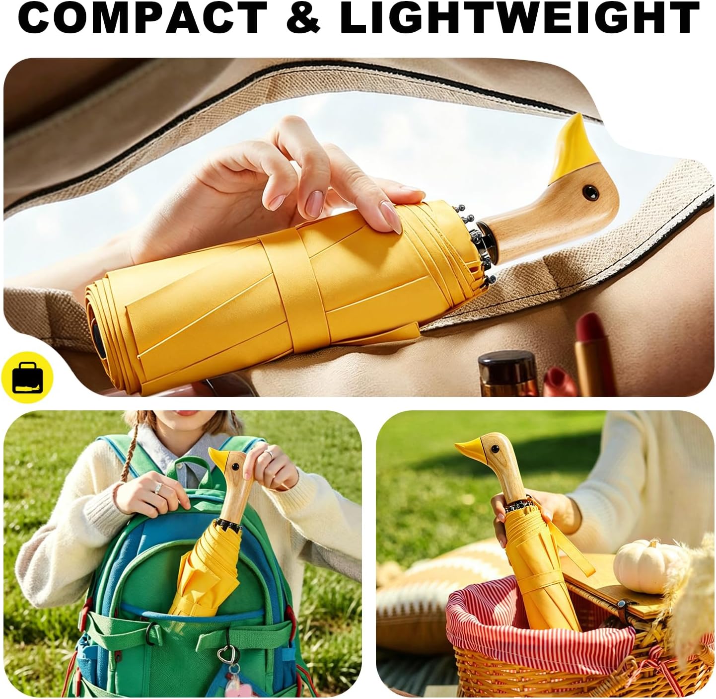 Cute Duck Handle Umbrella Compact Travel Wood Handle Folding for Rain | Cute duck handle for commute/school/trips, daily rain & gifts. Easy to carry with 17 inch fold, 42 inch arc