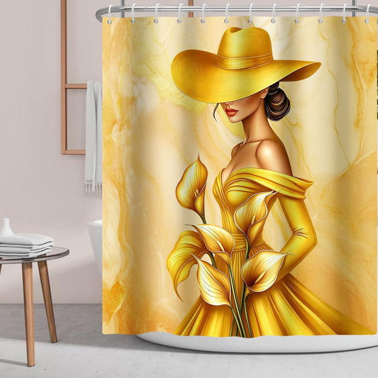 African American Shower Curtain Black Woman Golden Calla Lily Flower on Yellow Marble,Elegant Waterproof Fabric Shower Curtains for Bathroom Weighted 72x72 in