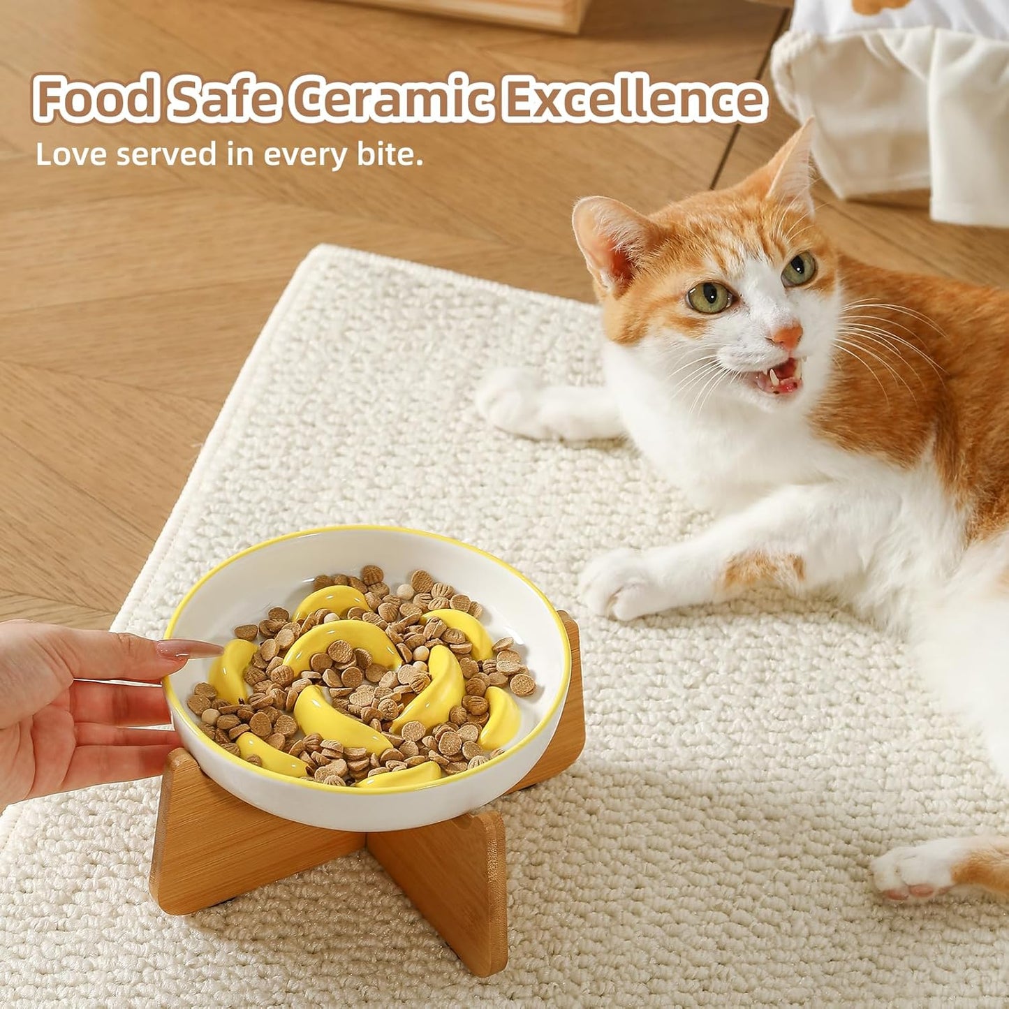 Ceramic Slow Feeder Cat Bowl, 6.3'' Wide Whisker Friendly Cat Puzzle Feeder | Slow Eating 5x, Anti Vomit Shallow Slow Eating Cat Dish for Dry and Wet Food, Contrasting Colors, 6.3" X 1.2"