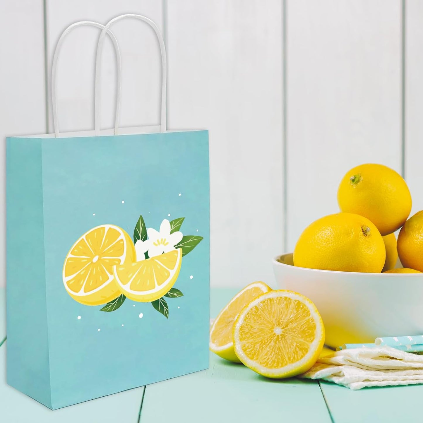 24Pcs Lemon Paper Gift Bags Summer Blue Floral Treat Candy Goodie Wrapping Bags with Handles Yellow Fruit Grocery Shopping Bag for Spring Baby Shower Wedding Party Supplies