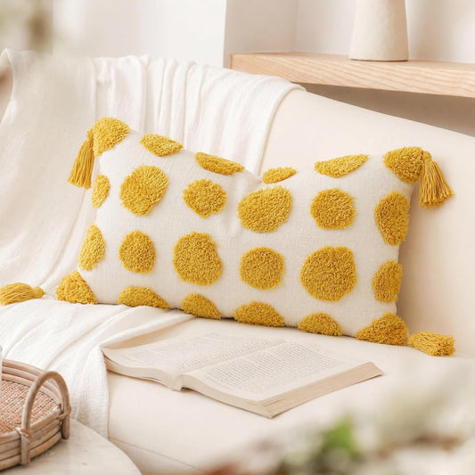 Super Soft Farmhouse Decorative Plush Throw Pillow Covers 12 x 20 Yellow,Solid Pom pom Tufted with Tassels Modern Accent Boho Lumbar Cushion Cover Pillow Case for Couch Sofa