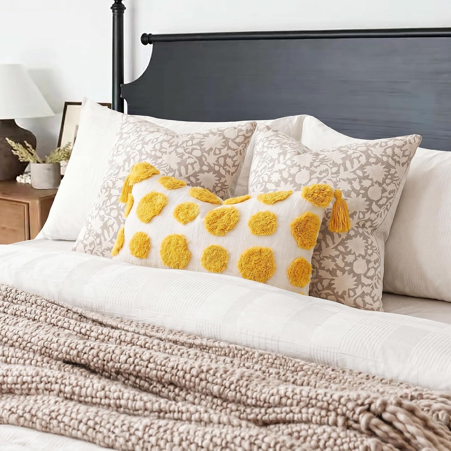 Super Soft Farmhouse Decorative Plush Throw Pillow Covers 12 x 20 Yellow,Solid Pom pom Tufted with Tassels Modern Accent Boho Lumbar Cushion Cover Pillow Case for Couch Sofa