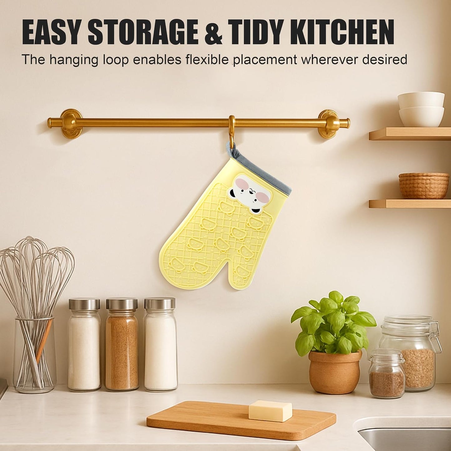 Silicone Oven Mitts Cute Bear - Non-Slip Kitchen Gloves for Baking & BBQ - Soft Cotton Lined, Waterproof & BPA-Free Potholders - Machine Washable & Heat Resistant up to 500°F - Yellow, 1 Pair