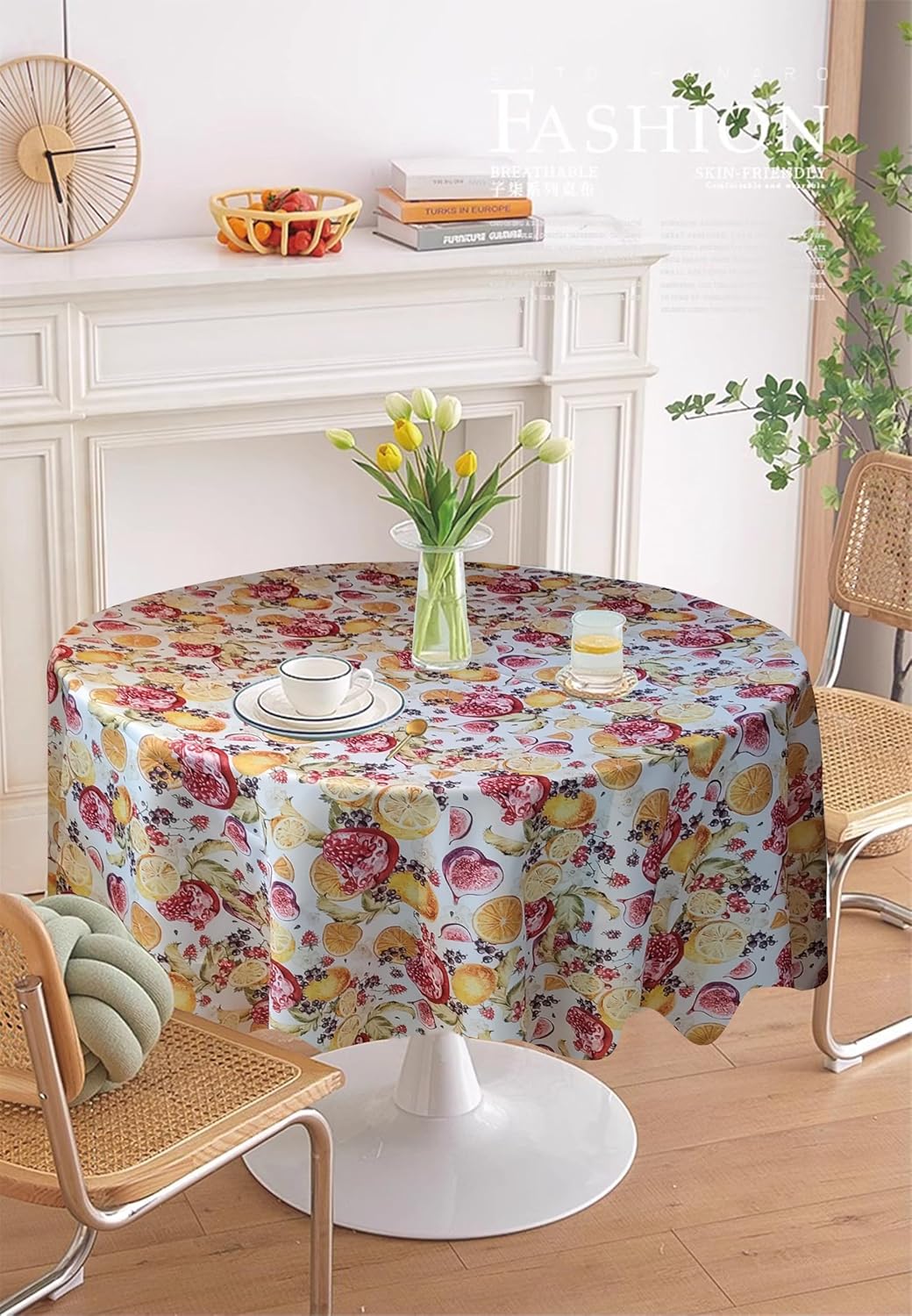 European Lemon Citrus Fruits Berries Pattern, Polyester Woven Printed Fabric, Multi, 70 inch Round, Seats 4 to 6 People, Tablecloths