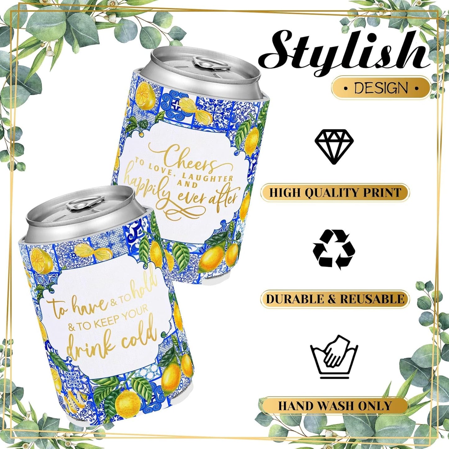 50 Pieces Capri Lemon Wedding Can Cooler Bulk Amalfi Coast Decor Engagement Party Favors for Guests Cheers to Love Laughter and Happily Ever After Rehearsal Dinner Decorations for Wedding