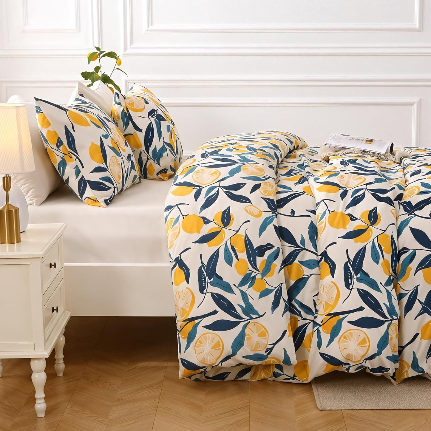 Lemon Blossom Bed in a Bag Queen 7 Pieces, Queen Comforter Set Reversible Botanical Flowers Design, Ultra Soft & Breathable Bedding Sets with Comforter, Sheets, Pillowcases & Shams