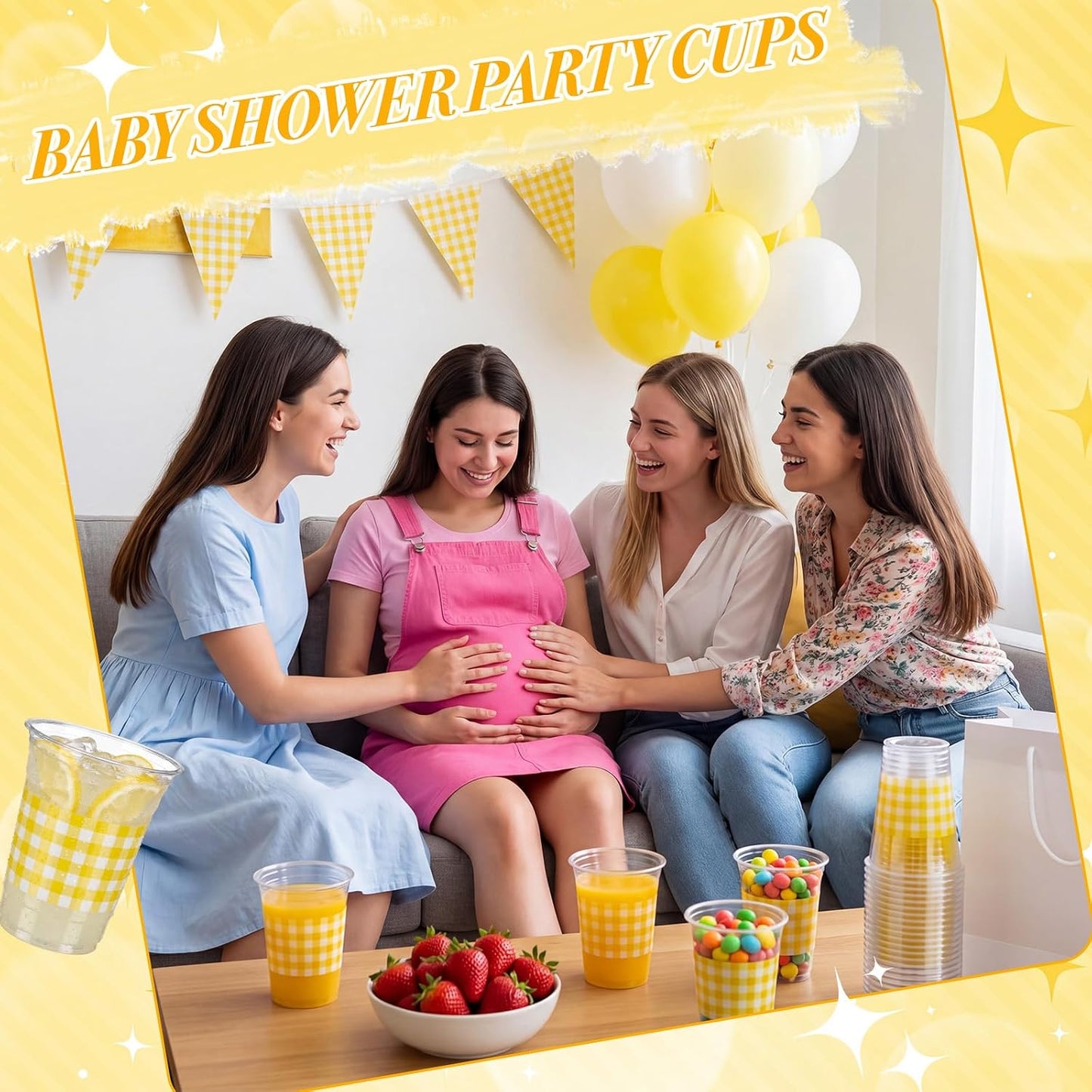 50 Pcs Yellow and White Gingham Disposable Cups, 16 oz Checkered Party Plastic Cups, Bulk Drinking Cup for Baby Shower, Birthday, Wedding, Picnic and Farmhouse Party Supplies