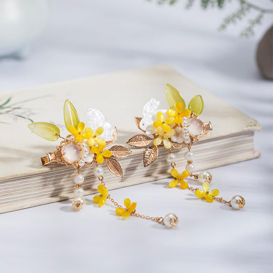 A Pair Wedding Hair Clips, Handmade Floral Design Crystal Hair Clips Pearl Barrettes, Rhinestones Flower Clips Pearl Headpieces Hair Pins Hair Accessories for Women Girls (Yellow)