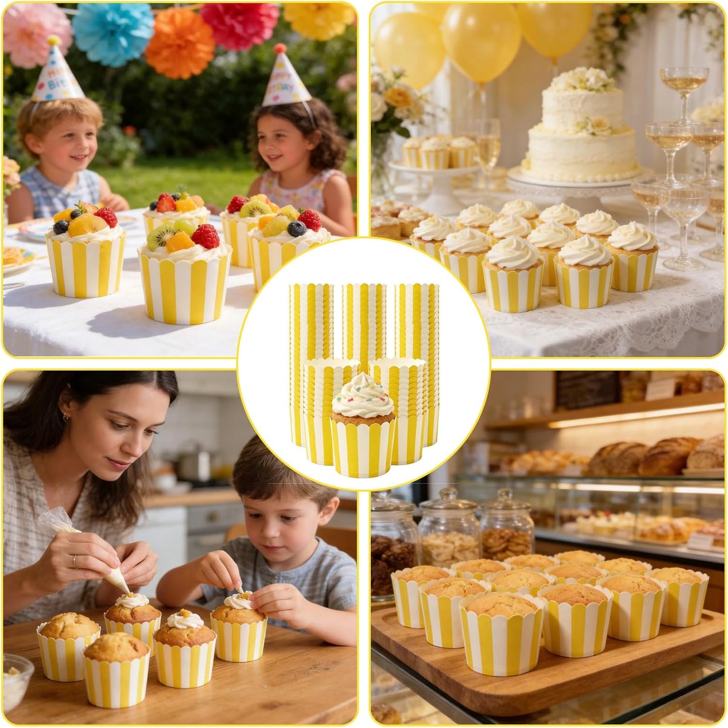 100 PCS Yellow and White Striped Cupcake Liners, 6oz Lemon Striped Cupcake Liners for Baby Shower, Summer Lemon Party, Birthday Party