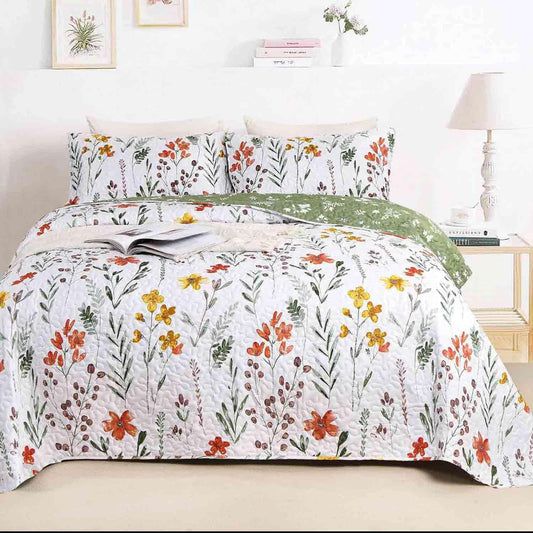 Quilt Set Queen Full Size 3 Pcs, White Floral Green Yellow Flower Leaf Spring Bedspreads, Soft Lightweight Coverlet Bed Spreads, Farmhouse Thin Quilted Comforter Bedding Sets for Women Men 90x90