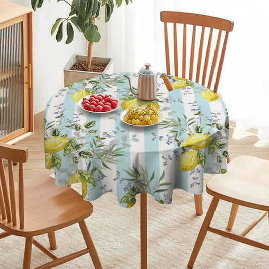 Lemon Fruits Round Tablecloth, Green Leaves Nature Summer Garden Plants Striped Background Pattern Tablecloths for Kitchen Dining Indoor Outdoor 36x36in