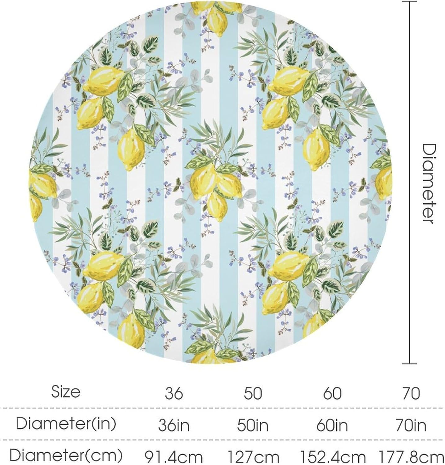Lemon Fruits Round Tablecloth, Green Leaves Nature Summer Garden Plants Striped Background Pattern Tablecloths for Kitchen Dining Indoor Outdoor 36x36in