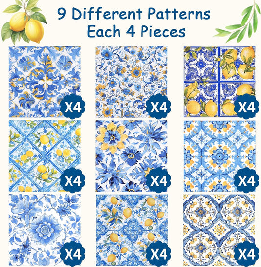 36pcs Mediterranean Decoupage Napkins – Mixed 9 Amalfi Coast Designs, 13x13 inch, Blue & Yellow Italian Lemon Tile Paper Napkins for Crafts, DIY, and Home Décor