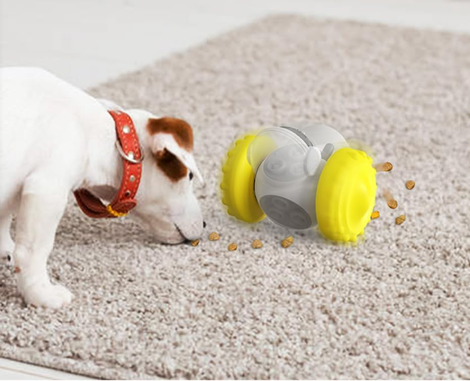 Interactive Pet Food Dispenser Toy for Dogs and Cats, Treat Dispensing Rolling Ball with Textured Wheels, Available in Yellow, Green, Black (Yellow)