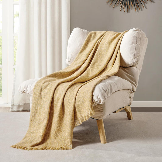 Yellow Throw Blanket Faux Cashmere Throw Outdoor Blanket 50"x70" | Soft faux cashmere throw blanket with elegant fringe design, lightweight warmth and cozy comfort for sofa, bed, or outdoor.