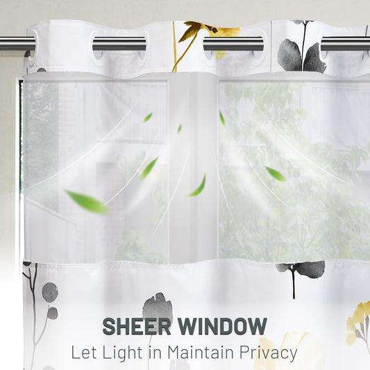 No Hook Shower Curtain with Snap in Liner, Removable Liner Water Repellent, Easy Install & Machine Washable, Hotel Style Bathroom Watercolor Floral Curtain, Yellow Gray, 71" W x 74" L