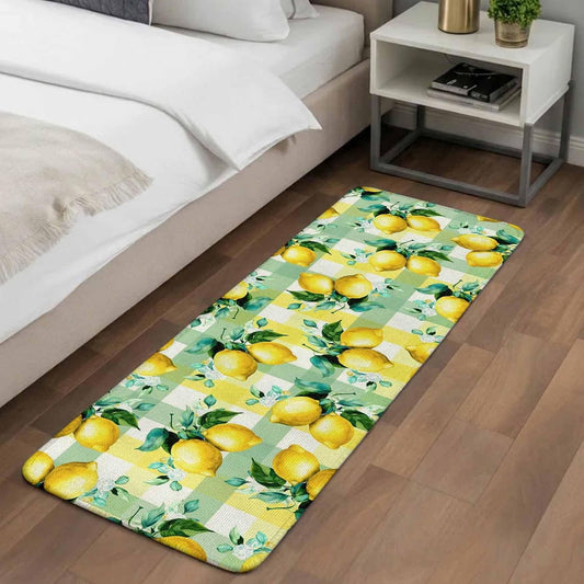 Washable Kitchen Runner Rug, Summer Lemon Fruit Green Leaf Absorbent Non-Slip Runner Rug for Bedroom Hallway Entryway Stair, Light Yellow Green Check Doormat Area Rugs 16x47in