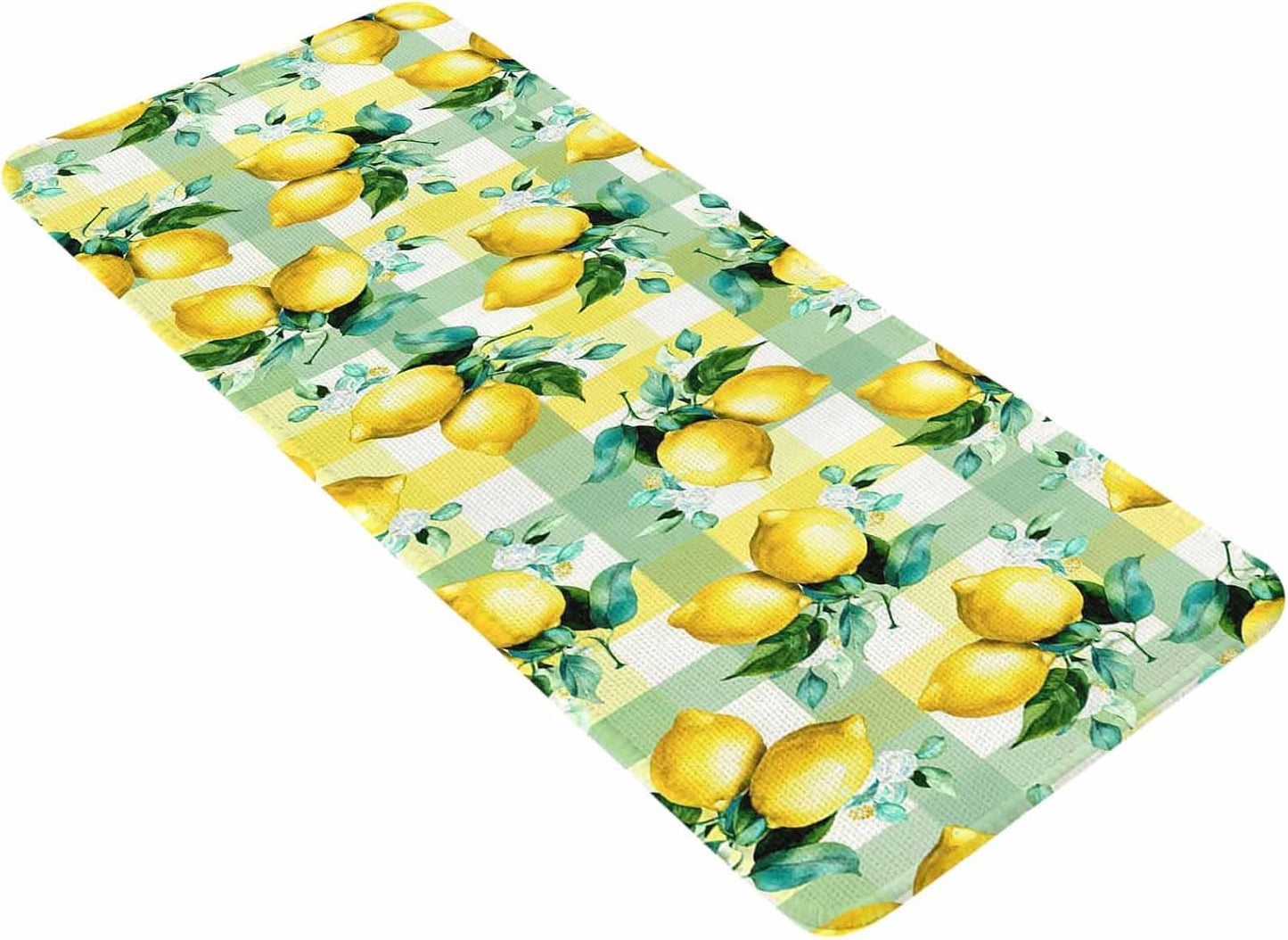 Washable Kitchen Runner Rug, Summer Lemon Fruit Green Leaf Absorbent Non-Slip Runner Rug for Bedroom Hallway Entryway Stair, Light Yellow Green Check Doormat Area Rugs 16x47in