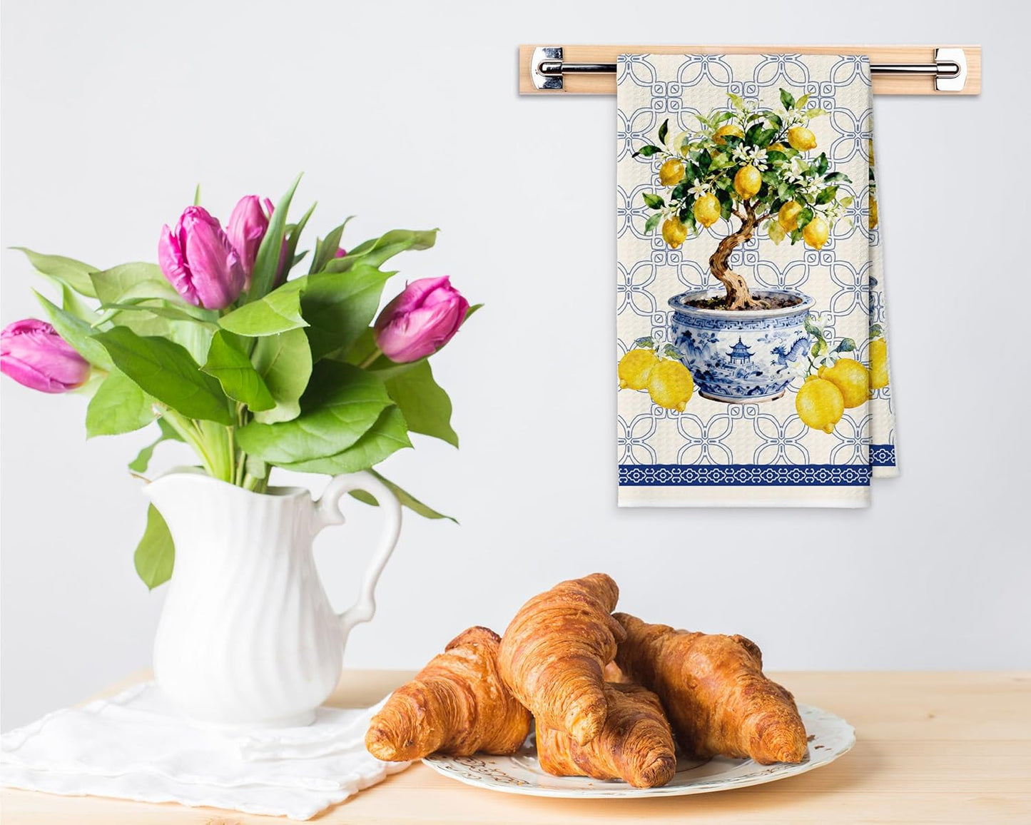 Chinoiserie Lemons Tree Kitchen Towels, Blue and White Porcelain Dish Towel for Kitchen Bathroom, Retro Decorative Hand Towels, Summer Fruit Fast Drying Tea Towel, Spring Gifts Home Decor-S21