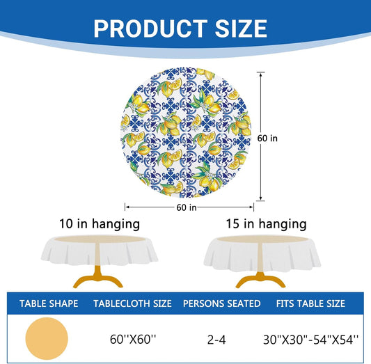 Blue Lemon Italy Tile Pattern Round Tablecloth 60 x 60 Inches, Amalfi Coast Capri Citrus Decorative Dining Table Cloth, Summer Mediterranean Dinner Table Cover Picnic Party Decoration