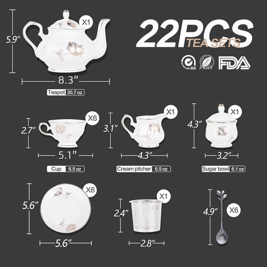 CHENP.HMC Porcelain Ceramic 22-Piece Tea Set, Teapot and Cup Set, 30.7 Ounces, for 6, Gift Sets, Tea or Coffee Lovers, Wedding, Birthday