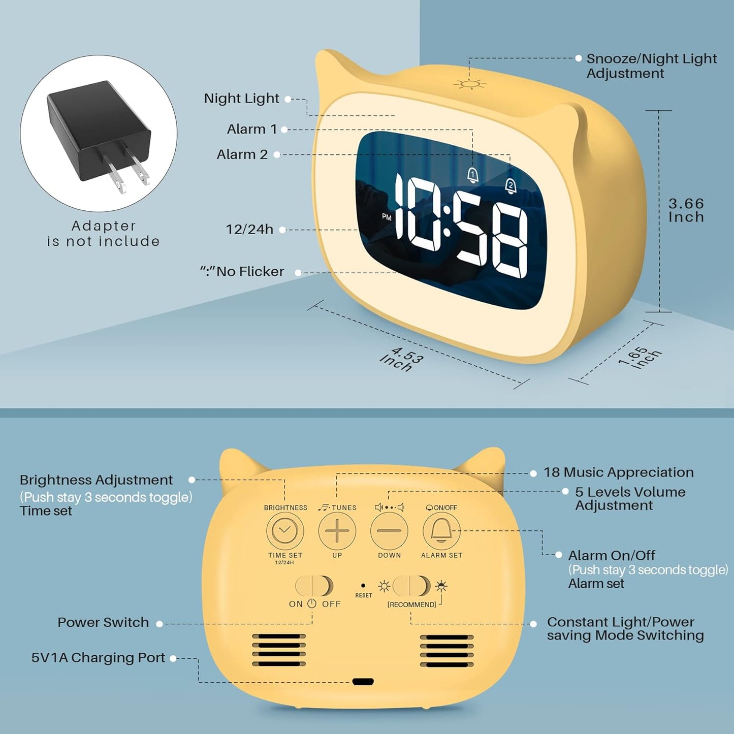 Cute Cat Ear Alarm Clock with Night Light for Bedroom,Yellow | 18 Ringtones, Rechargeable,12/24H,Digital Display, Ideal for Birthday & School Opening
