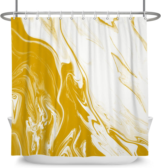 Yellow Marble Shower Curtain Modern Abstract | Waterproof Aesthetic Shower Curtain Sets for Bathroom, Weighted Hem, Extra Long 72x84 in with 12 Hooks, Washable Polyester