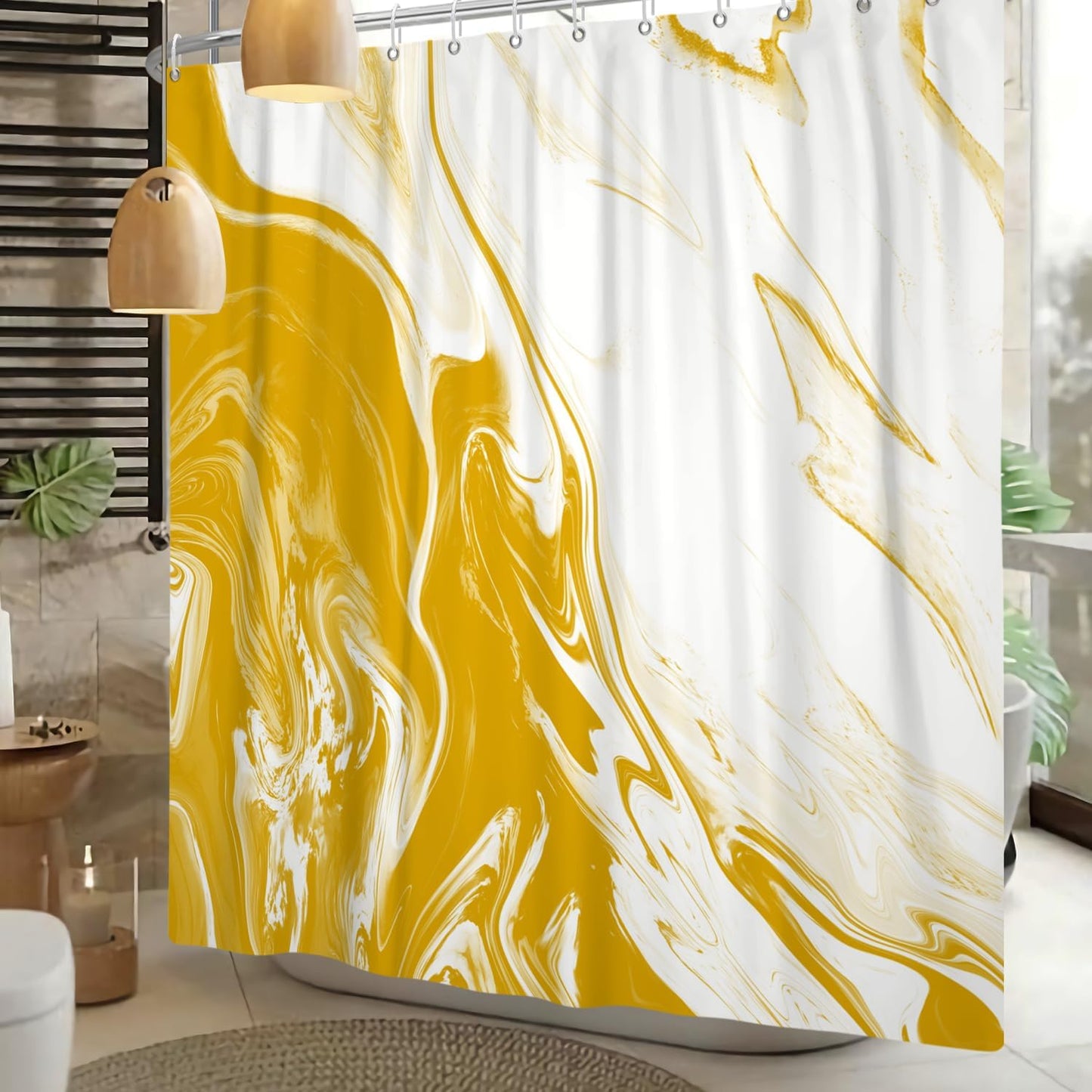Yellow Marble Shower Curtain Modern Abstract | Waterproof Aesthetic Shower Curtain Sets for Bathroom, Weighted Hem, Extra Long 72x84 in with 12 Hooks, Washable Polyester