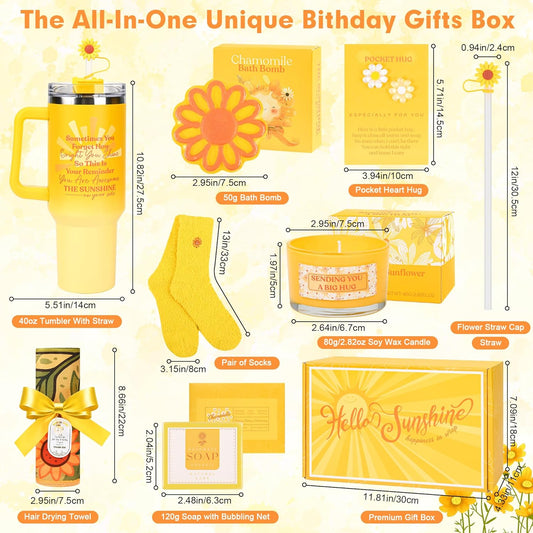 8Pcs Unique Birthday Gift Basket for Women – Get Well Soon Cheer Up Box, Sunshine Gift for Best Friend or Sister – Brighten Her Day, Christmas & Feel Better Present