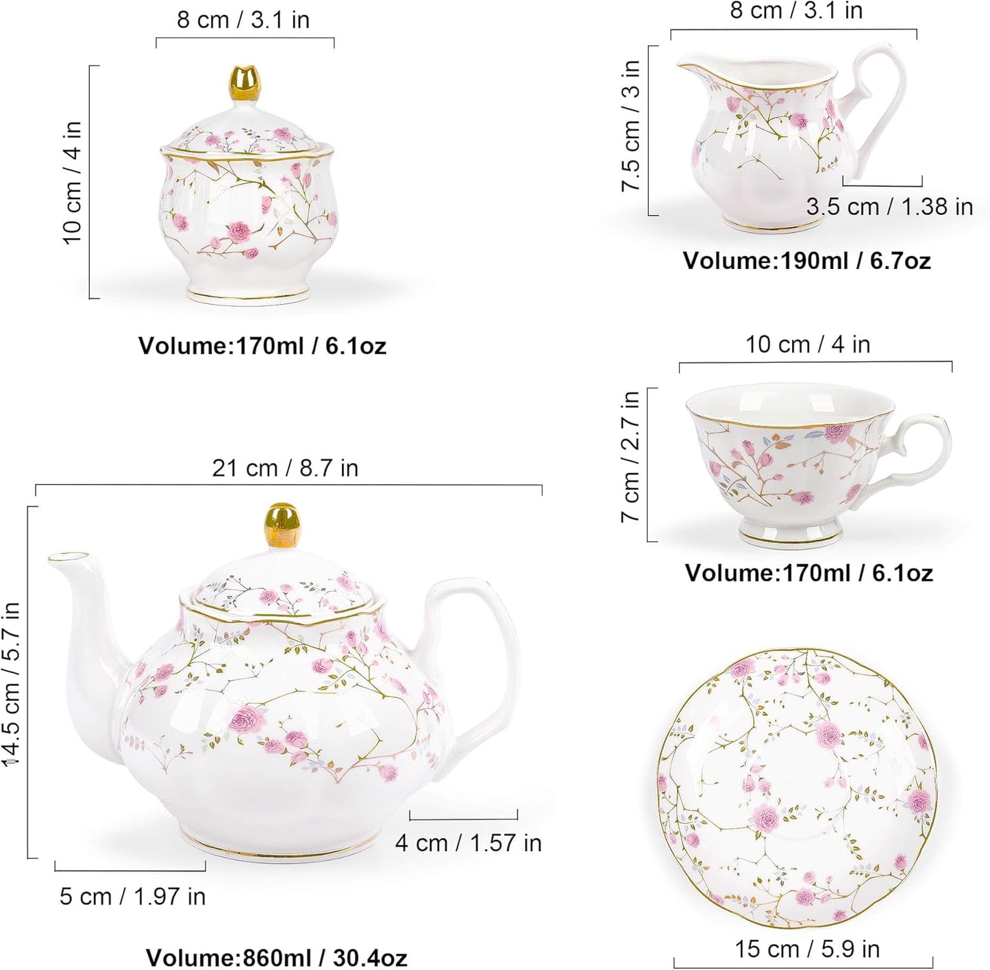 21-Piece Gold Vine Floral Porcelain Tea Sets with Sugar Bowl Creamer Teacups, English Bone China Tea Service for Women TeaParty Family Gathering Home Décor