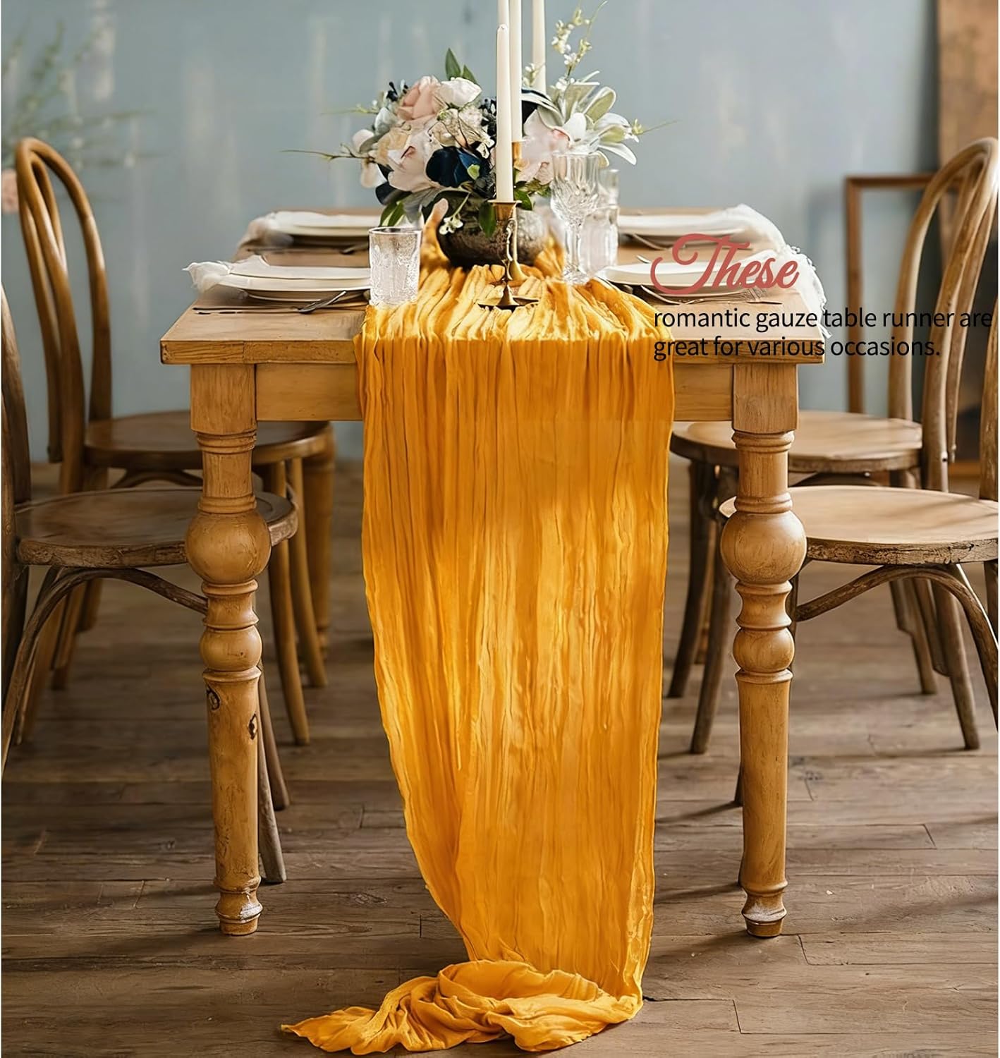 12 Pcs Gold Cheesecloth Table Runner 10Ft, Golden Yellow Gauze Table Runners 21.5 x 120 inch,Semi Sheer Cheese Cloth Fabric Runner Bulk for Wedding,Party,Baby Shower,Bridal Shower