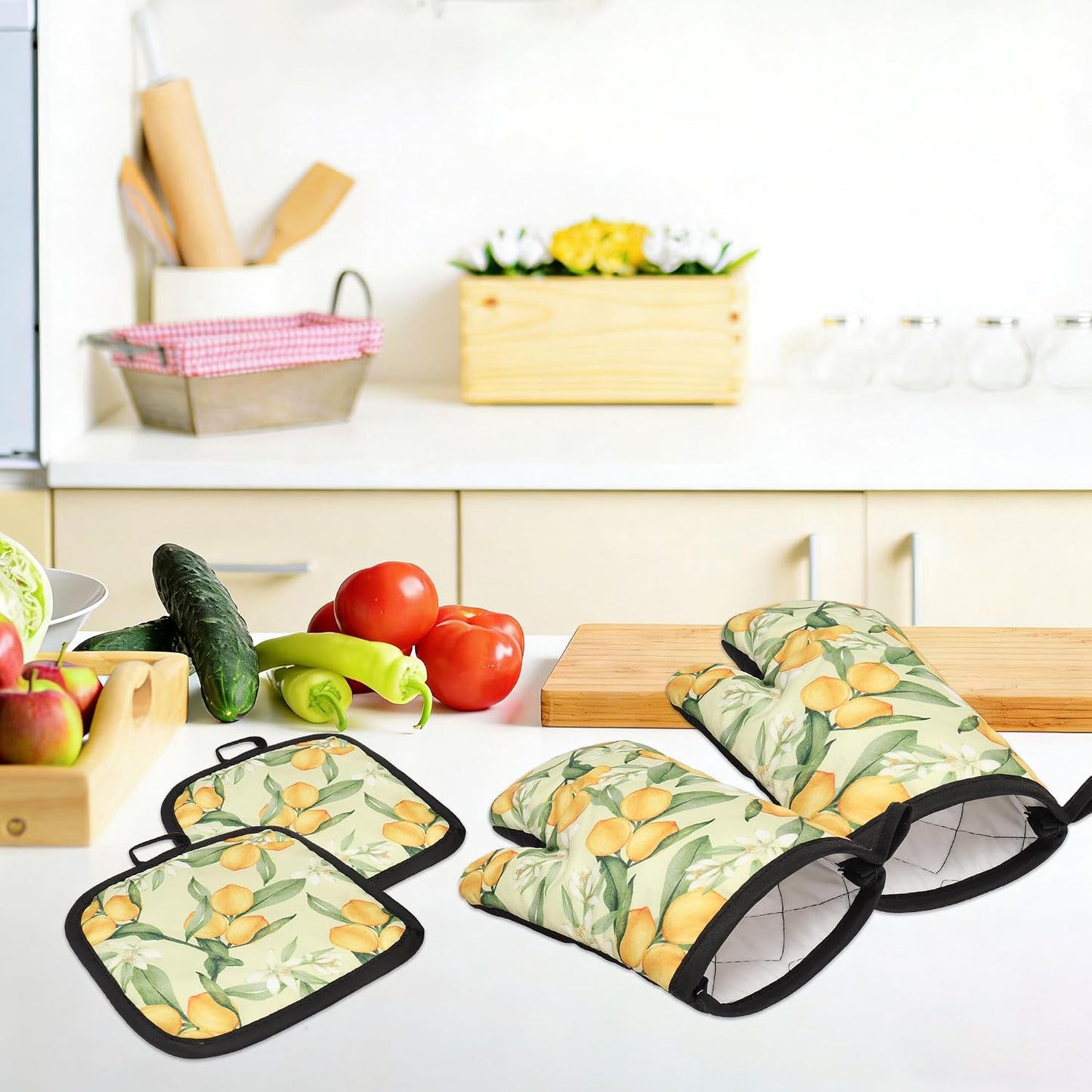 4 PCS Cute Lemon Oven Mitts and Potholders Set, Lemon Flower Oven Mitt Pot Holder Heat Resistant Non-Slip Cooking Gloves for Spring Summer Holiday Grilling Baking Party Favor Decor