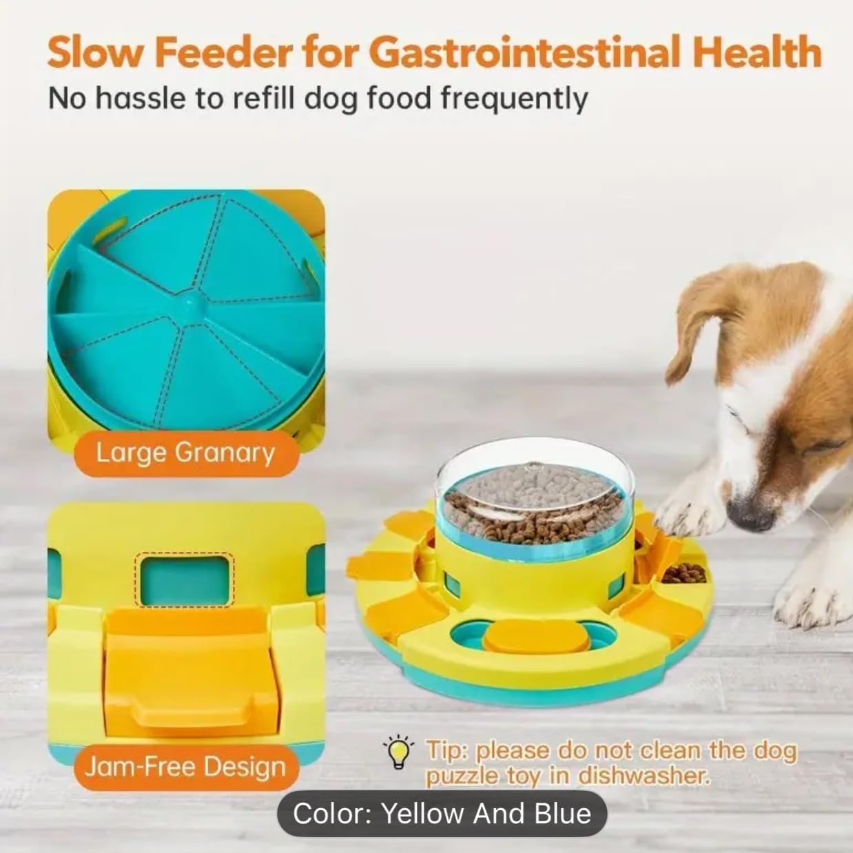 Interactive Dog Puzzle Bowl, Yellow and Blue, Slow Feeder with 3 Food Channels, Brain Development Training Toy for Dogs