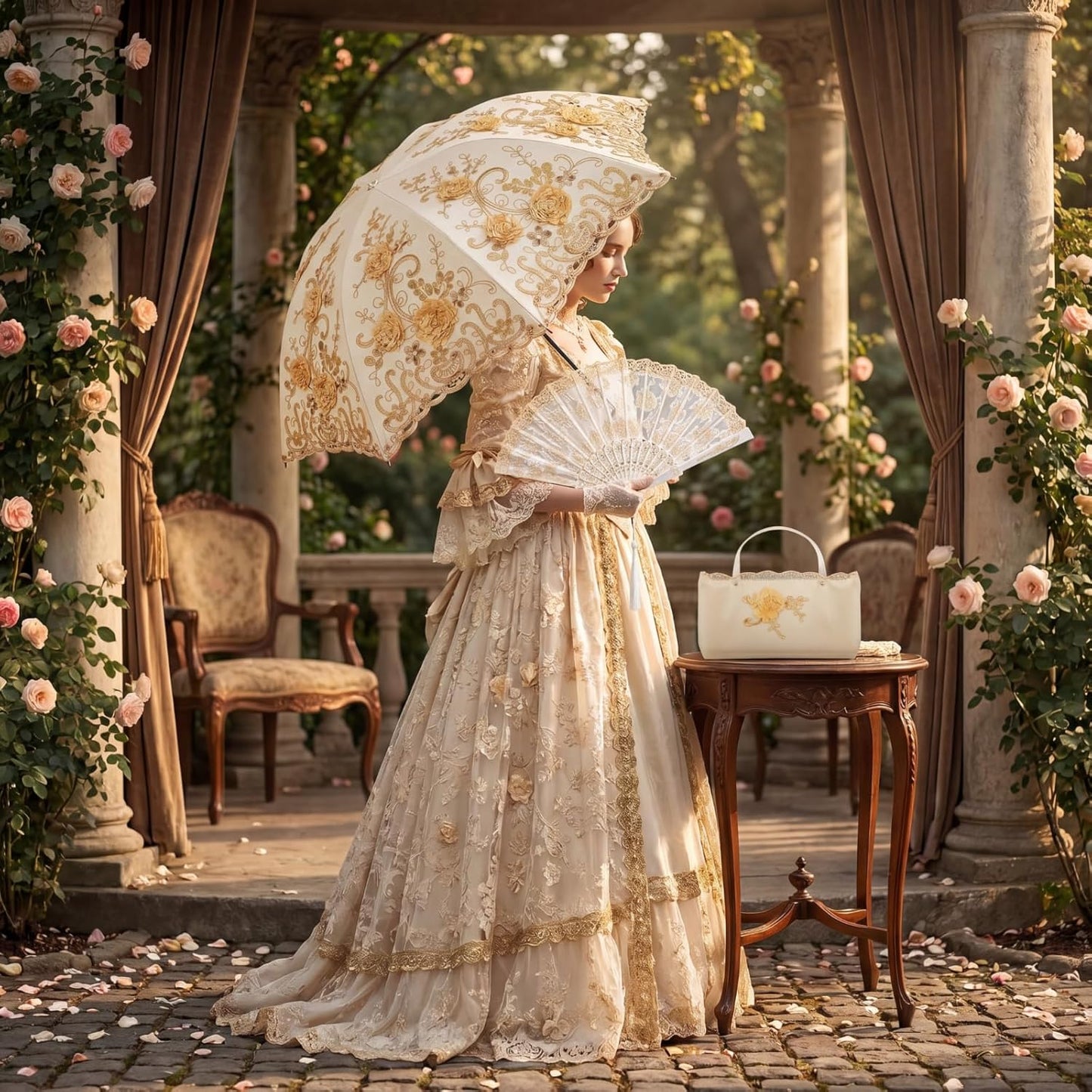 Floral Lace UV Sun Parasol with Lace Handheld Fan Vintage Flower Embroidery Umbrella Folding Fan Gothic Umbrella or Bridal Wedding Party Gift Show Cosplay Photo Props