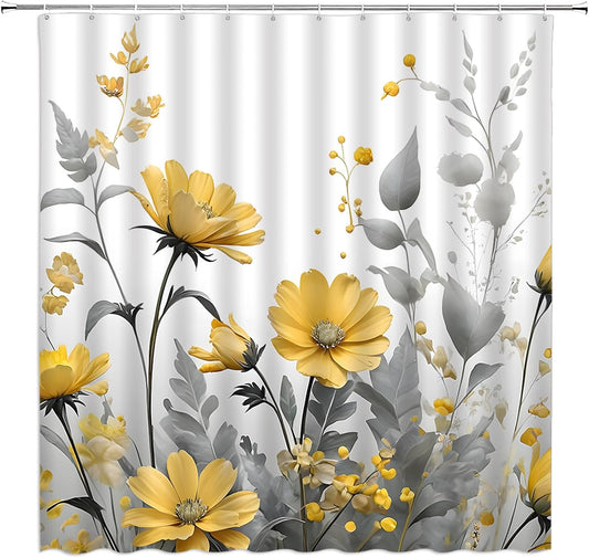 Yellow Flower Shower Curtain Rustic Farmhouse Watercolor Yellow Floral Gray Leaves Modern Romantic Nature Plant Vintage 70"" Wx70 H Bathroom Decor Curtain with Hooks