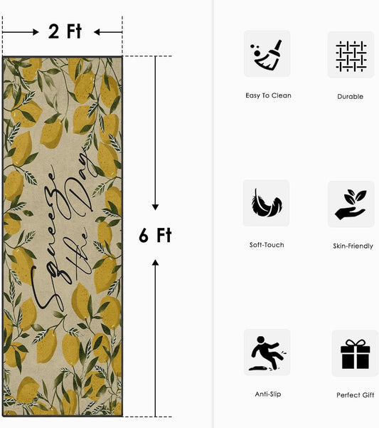 Runner Rug, Washable and Non-Slip 2'x6' Tropical Yellow Lemons Fruit Summer Hallway Kitchen Area Rug, Indoor Entryway Door Mat, Floor Mat Carpet for Bedroom, Bathroom, Laundry, Living Room