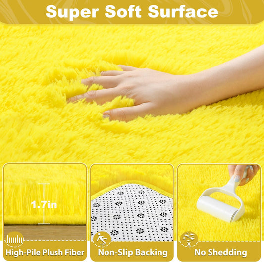 EVOIONOS Ultra Soft Area Rug for Bedroom, 4x6 Machine Washable Fluffy Shag Rug for Living Room, Plush Non Slip Carpet Indoor Floor Bedside Nursery Kids Girls Room Dorm, Home Decor Aesthetic, Yellow