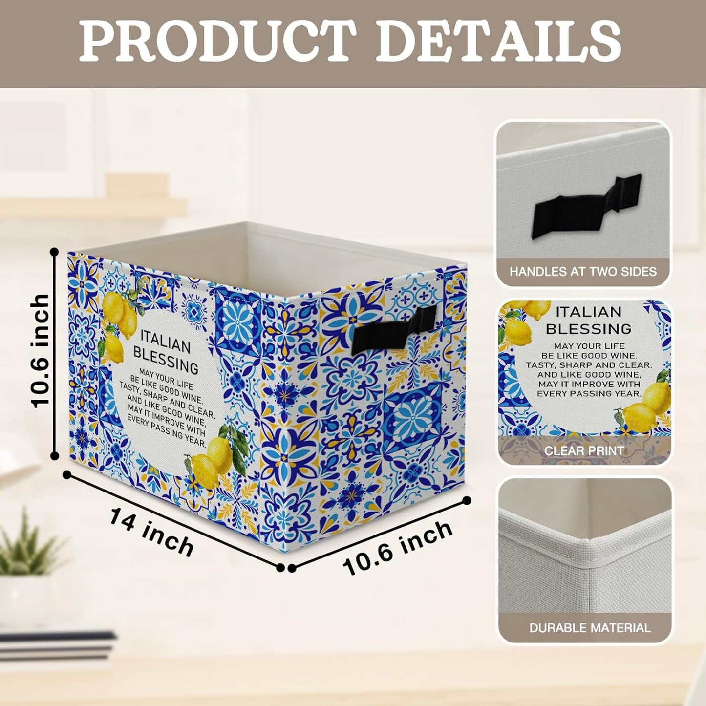 Italian Amalfi Coast Lemon Storage Bins Box, Lemon Gifts for Women, Italian Blessing Mediterranean Tiles Collapsible Organizer Basket with Handles for Bedroom Laundry Room Clothes Books Toys