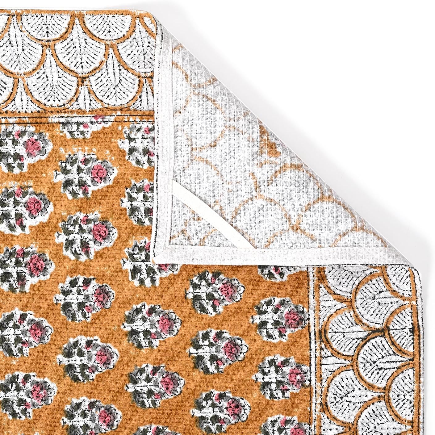 CPC Citrine Yellow Hand Block Print Waffle Kitchen Towel Set of 3-16 x 28 Inch Ultra Absorbent Quick Dry Cotton Dish Towels Lightweight Reusable Sustainable Tea Towels for Cleaning and Drying