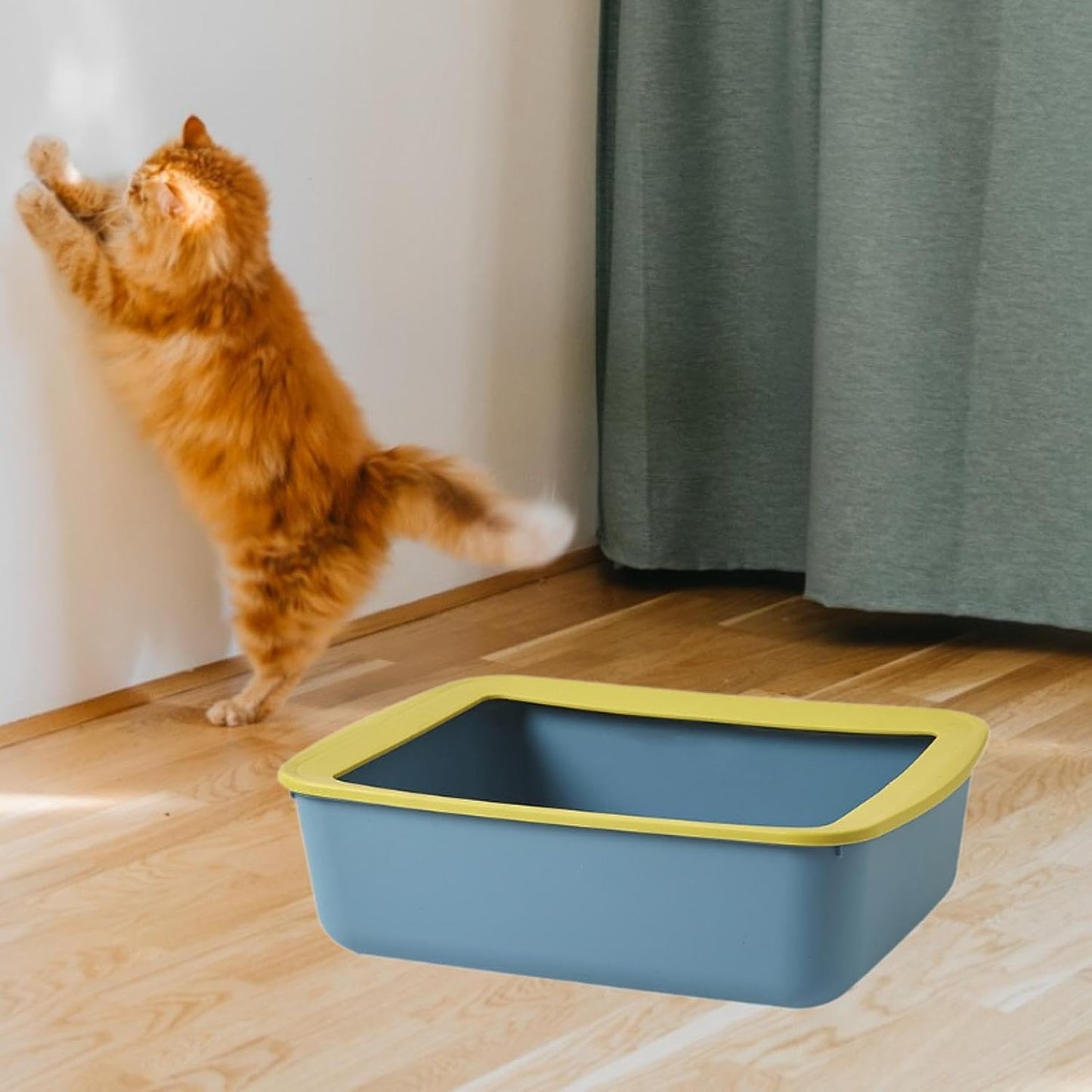 Cat Litter Tray Open Top Cat Toilet High Sided Box Sand Basin PP Material Secure Cleaning Suitable for Kittens Indoor Pets Animal Room, Blue Yellow