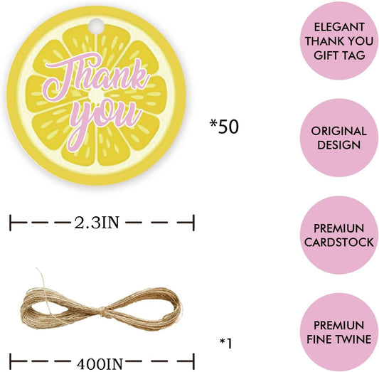 50pcs Lemon Round Thank You Tags, Lemon Citrus Gift Tag with String for Birthday Party, Main Squeeze Thank You Paper Tags for Bridal Shower Party Favors