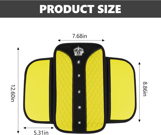 8PCS Car Accessories Set, Bling Crown Leather Car Steering Wheel Cover w/Armrest Pad, Seat Belt Cover Pads, Gear Shift & Handbrake Covers, Cup Holder Coasters, Auto Interior Decor (Yellow)