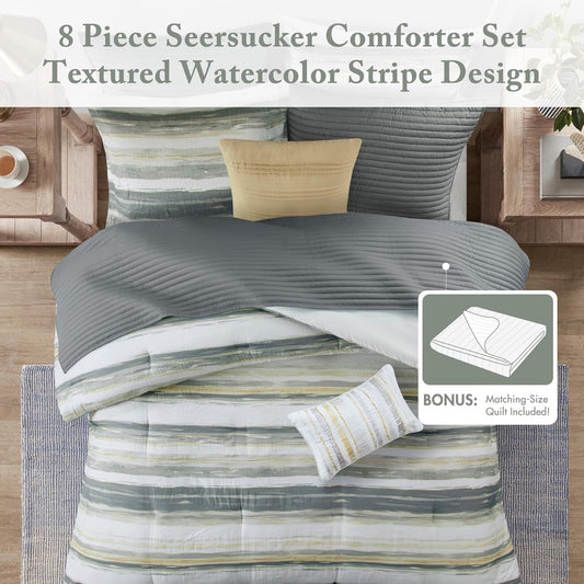 Marina Comforter Quilt Combo Set - Modern Luxury Design, All Season Down Alternative Bedding, Matching Shams, Decorative Pillows, Full/Queen(90"x90"), Yellow 8 Piece