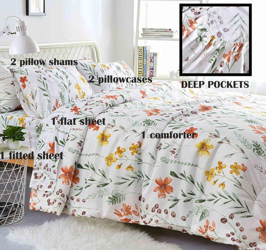 7 Pcs Queen Size Comforter Set with Sheets, White Yellow Floral, Green Leaf Pattern Print Reversible Down Alternative Bed Sets - 90x90 Soft Microfiber Duvet Farmhouse Bedding in a Bag for Women Men
