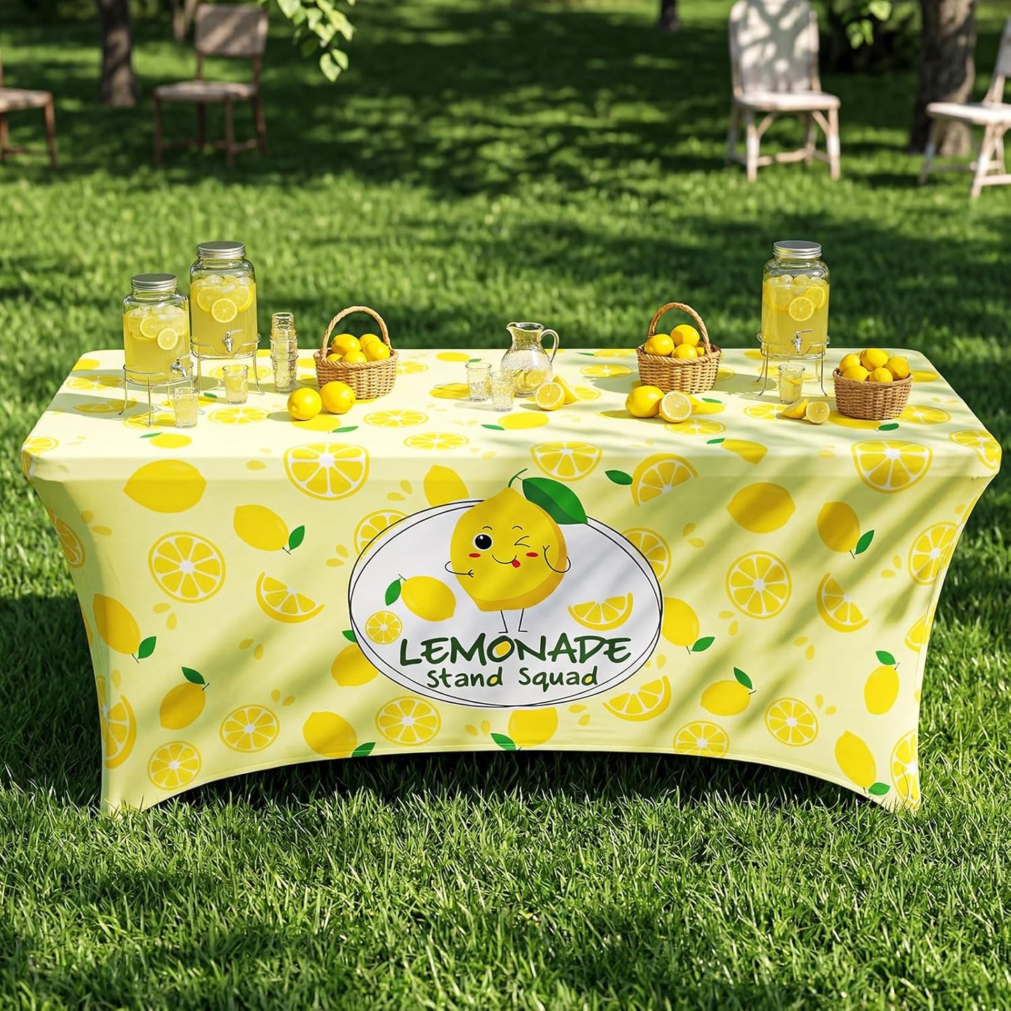 6ft Lemonade Tablecloth Stretch Table Cover Lemonade Stand Supplies for Standard Folding Tables Lemon Tablecloth Covers for Summer Birthday Party Lemon Table Decor