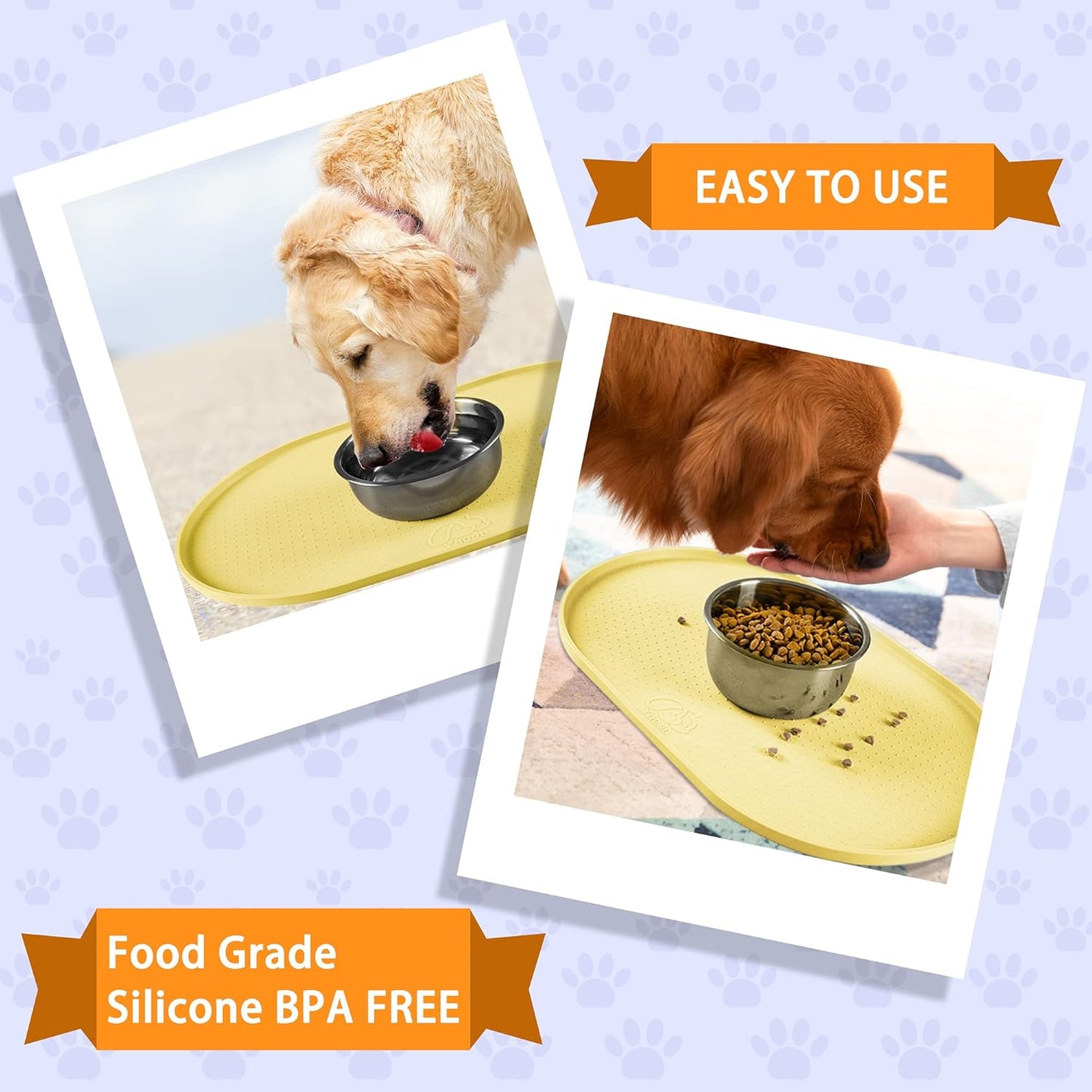 100% Waterproof 0.5" Raised Edge BPA Free Silicone Dog Food Mat, Pet Cat Feeding Mats Contain Spills Protects Floors, Placemats for Cats and Dogs Water Bowl Dishwasher.(Small, Yellow)