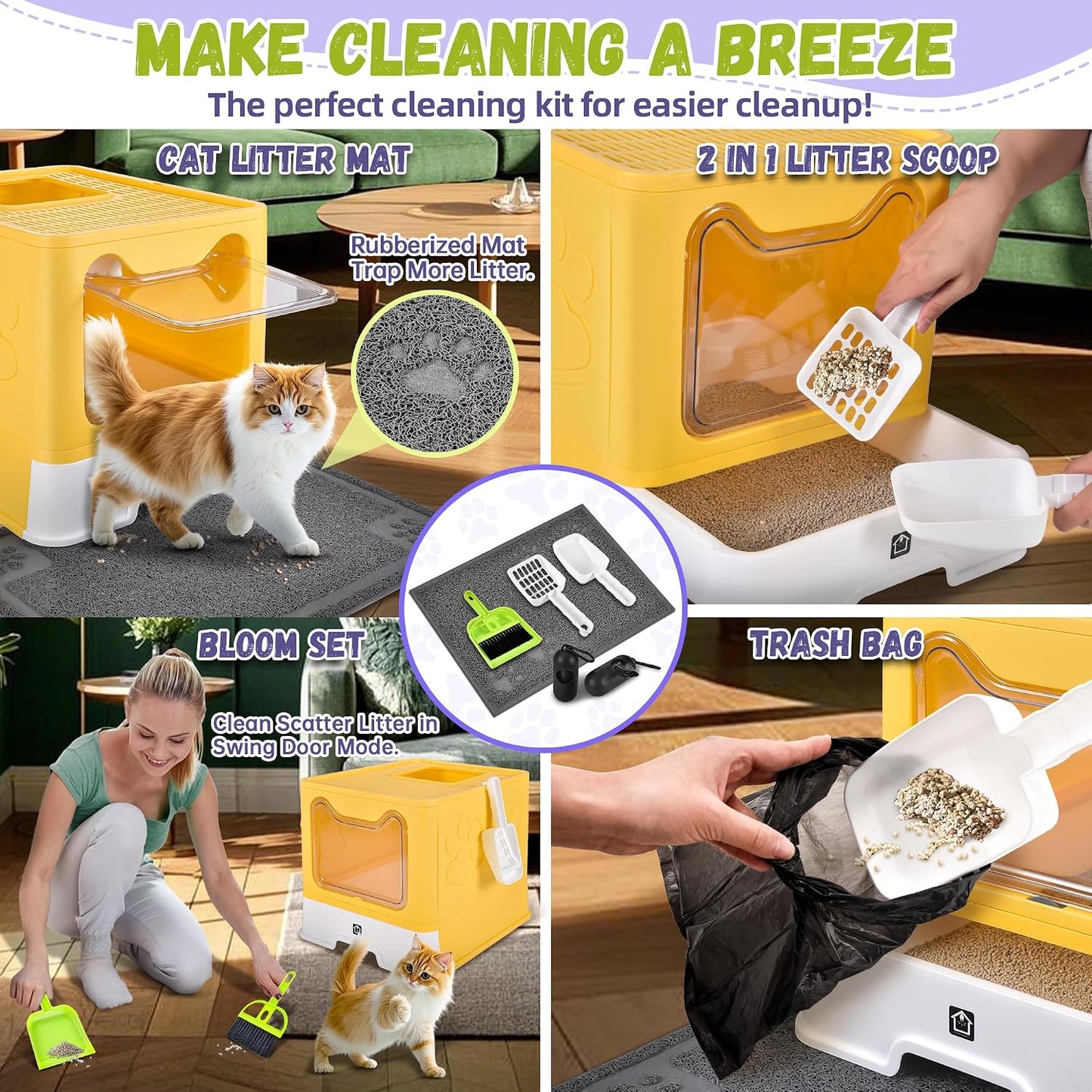 Covered Cat Litter Box, Extra Large Drawer Design with Dual Entry, Yellow | 13L litter capacity, adjustable door, leakproof structure, cleaning accessories, complimentary cat litter mat