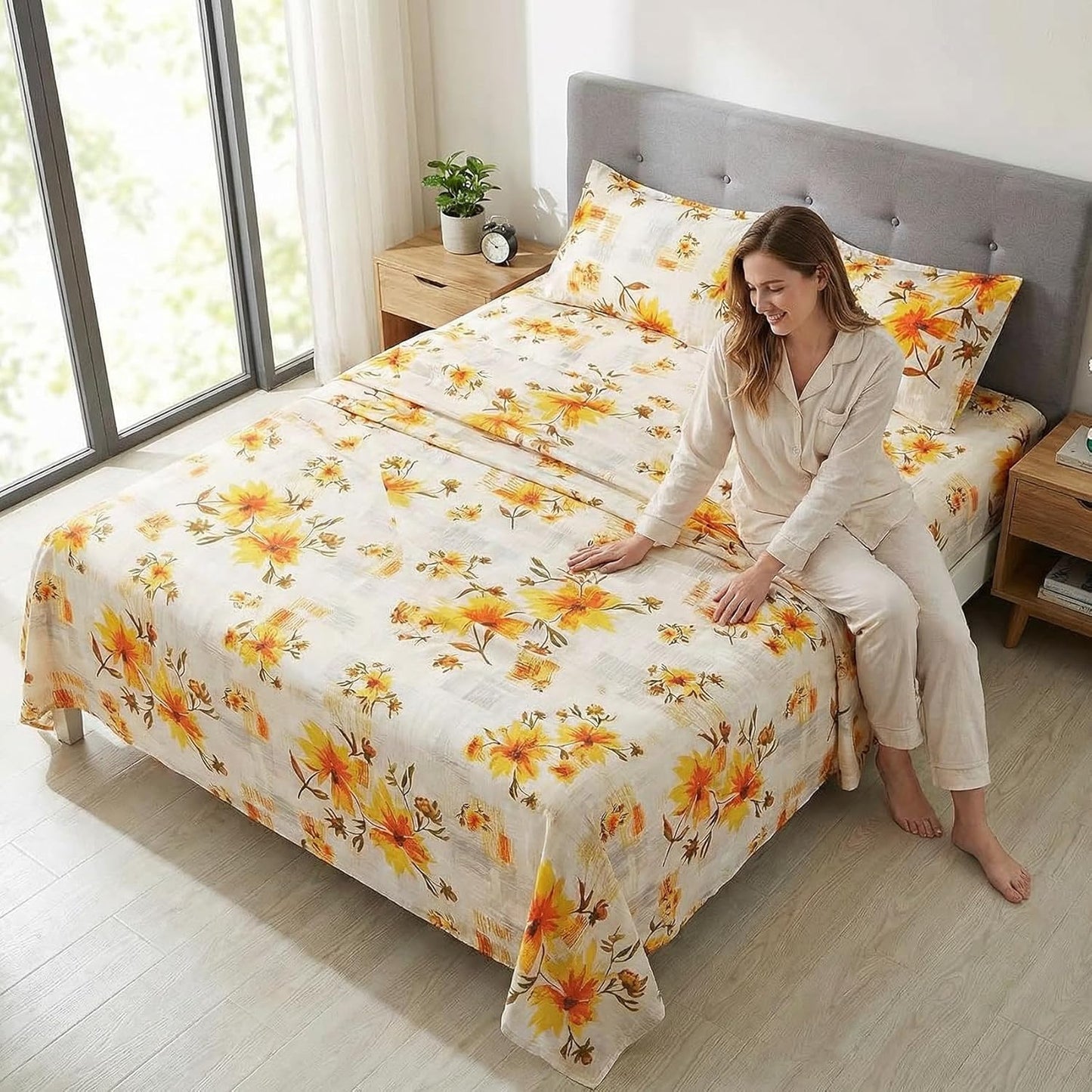 Rustic Yellow Floral Printed Twin Sheet Set Extra Deep Pocket | 3 Piece Soft Botanical Microfiber Sheets, OEKO-TEX Certified, Easy Care