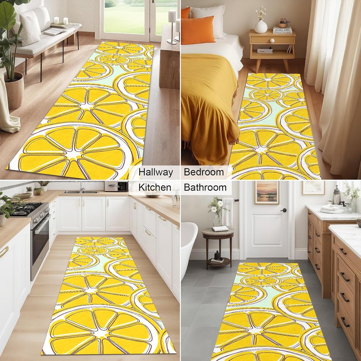 Washable Lemon Runner Rug 2x6 Yellow Lemons Rug with Non-Slip Backing Low Pile Runner Rugs for Kitchen Hallway Laundry Entryway Indoor 6ft